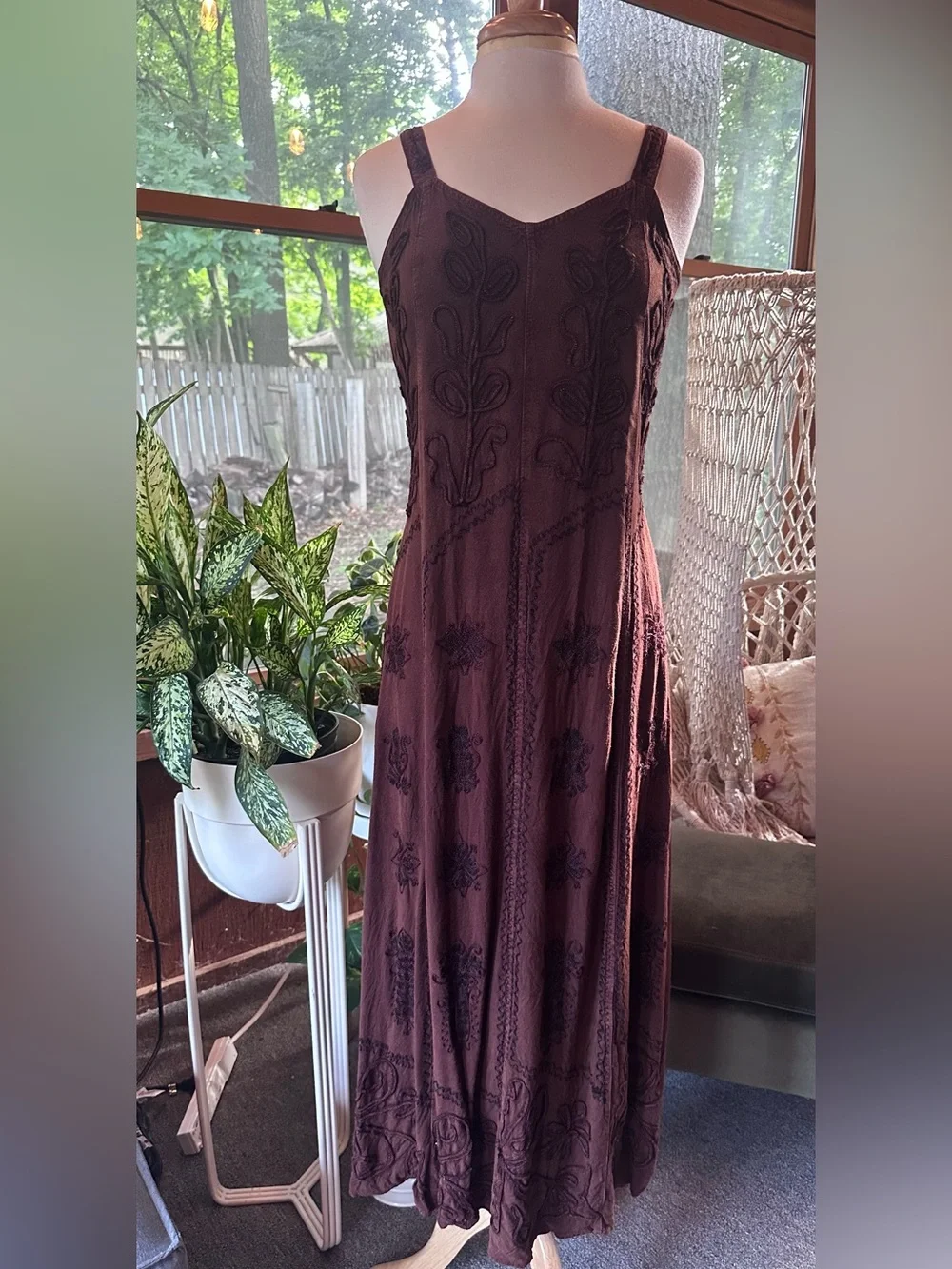 Chocolate Brown Embroidered V-Neck Maxi Dress Boho